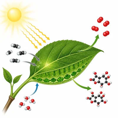 A leaf produces glucose and oxygen during photosynthesis.
