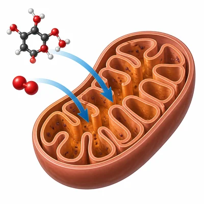 Glucose and oxygen enter a mitochondrion for cellular respiration.