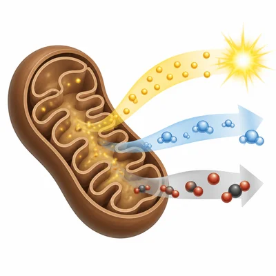 A mitochondrion releases energy, water, and carbon dioxide.