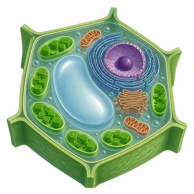 A plant cell with highlighted green chloroplasts.