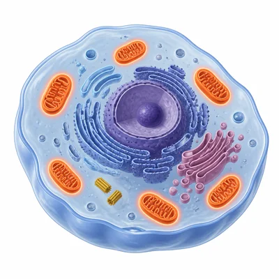 An animal cell with highlighted mitochondria.
