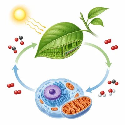 Photosynthesis and cellular respiration form a cycle between leaves and cells.