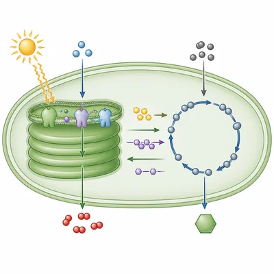 Side-by-side comparison of light reactions and Calvin cycle inputs and outputs.