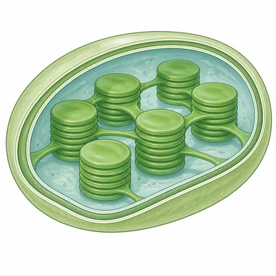 Cutaway chloroplast showing thylakoid stacks surrounded by stroma.