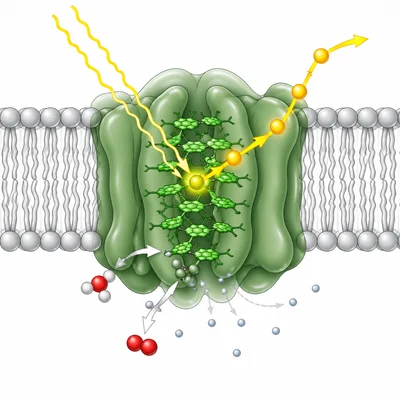 Water splitting at a photosystem, producing oxygen, protons, and electrons.