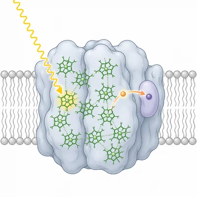 Chlorophyll pigments absorbing light and passing an energized electron to a carrier.