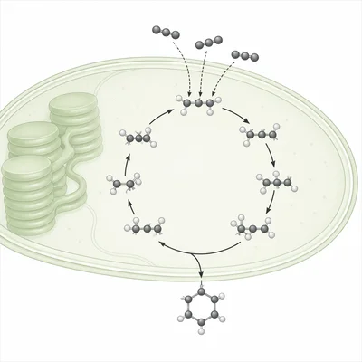 Carbon dioxide molecules entering a circular Calvin cycle pathway, with a sugar molecule leaving.