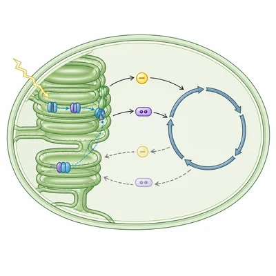 Two energy carrier molecules move from the light reactions to the Calvin cycle and return after use.