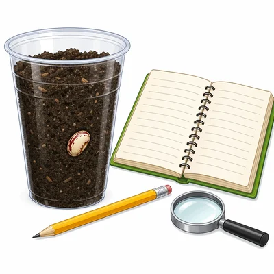 A bean seed in a clear cup of soil next to a blank journal and pencil.