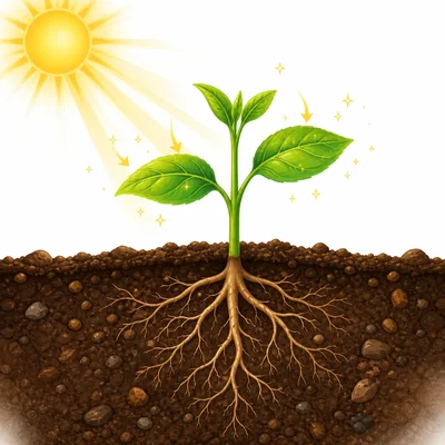 A young seedling with green leaves receiving sunlight.
