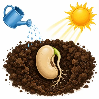 A seed in soil with water, sunlight, and soil shown around it.
