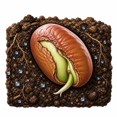 A swollen wrinkly bean seed in moist soil beginning to split.
