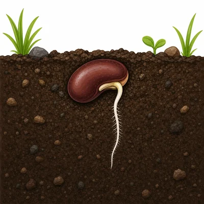 A germinating seed with a tiny white root growing downward.