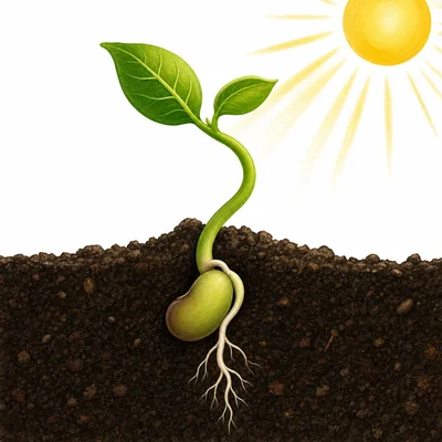 A green shoot pushing up through soil from a germinating seed.