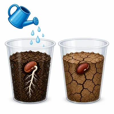 Two seed cups show a watered seed sprouting and a dry seed unchanged.