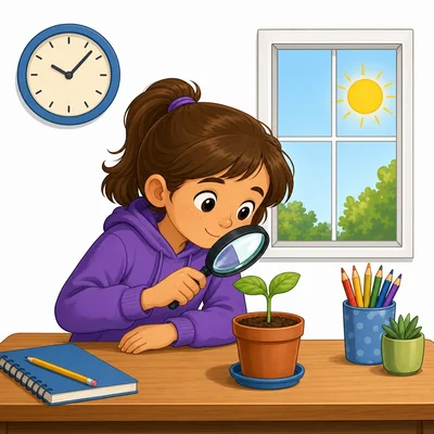 A student observes a seedling at a consistent time with a clock and sun nearby.