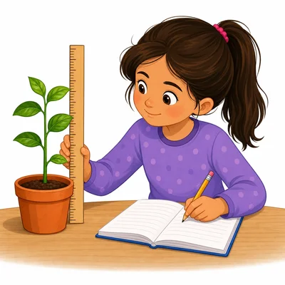 A student measures a small plant with a ruler and records the observation.