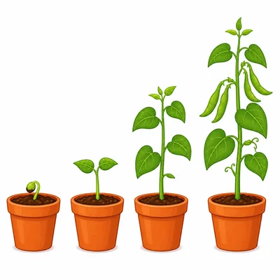 Four bean plants in pots get taller from left to right.