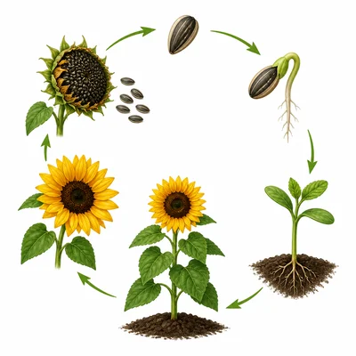 A flowering plant life cycle showing seed, seedling, adult plant, flower, and fruit with seeds.