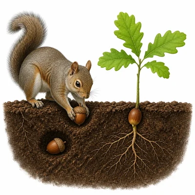 A squirrel buries an acorn, and another acorn sprouts into a small oak seedling.