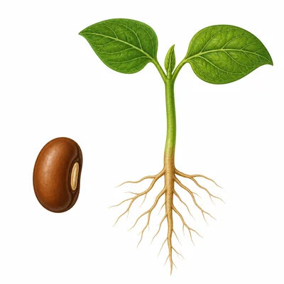A seed shown beside a young seedling with stem, leaves, and roots.
