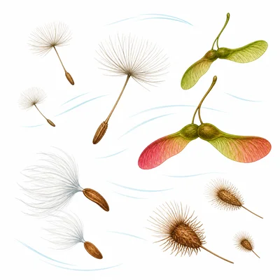 Fluffy and winged seeds traveling through the wind.