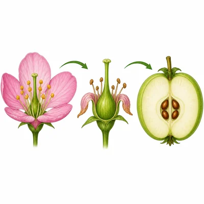 A pollinated flower changes into a developing fruit with seeds inside.