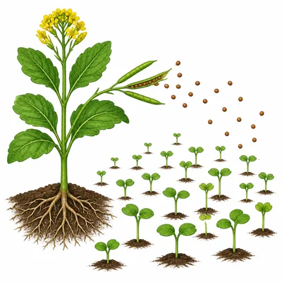 One mature plant spreads seeds that grow into many new seedlings.