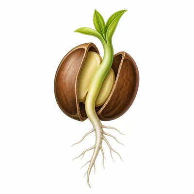 A seed cracking open with a root and shoot beginning to grow.