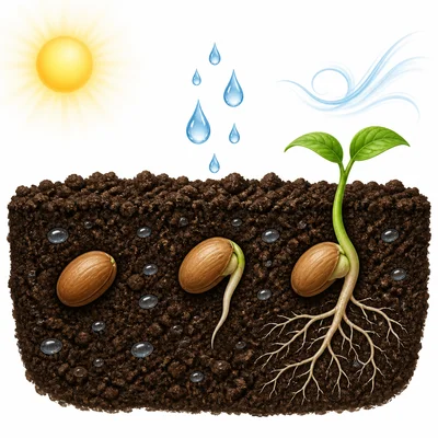 Seeds in soil with water, warmth, and air as one seed begins to sprout.