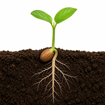 A small seedling growing from a seed with roots below the soil.