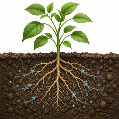 Plant roots spreading through soil, absorbing water, and holding the plant in place.