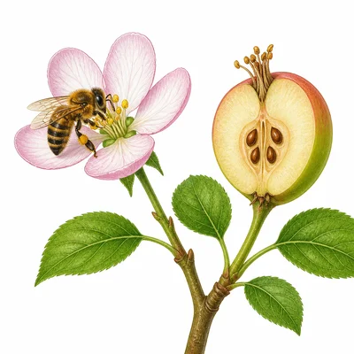 A bee visits a flower, and a nearby flower develops into fruit with seeds.