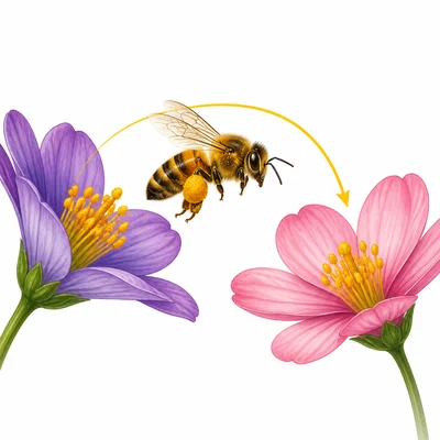 A bee carries pollen from one flower to another.