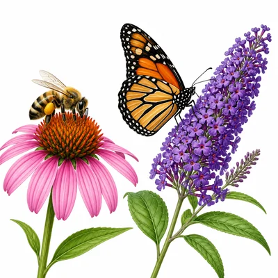 A bee and a butterfly pollinating flowers.