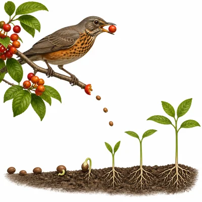 A bird eats fruit and seeds fall nearby, where small sprouts begin to grow.