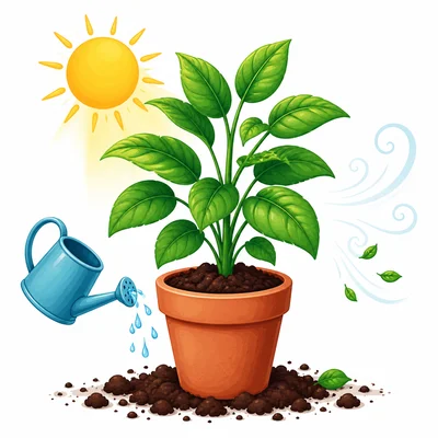 A healthy potted plant with sunlight, water, soil, and air around it.