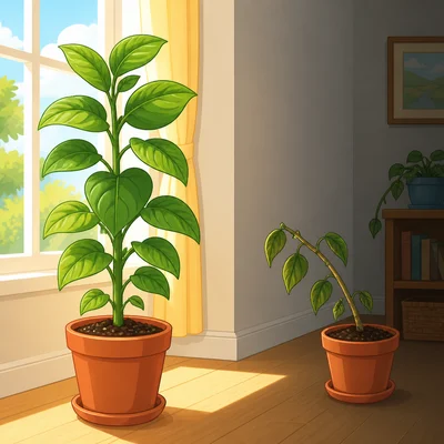 One plant grows near a sunny window while another plant sits farther away.