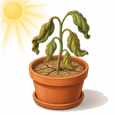 A plant wilting in sunlight because its soil is dry.