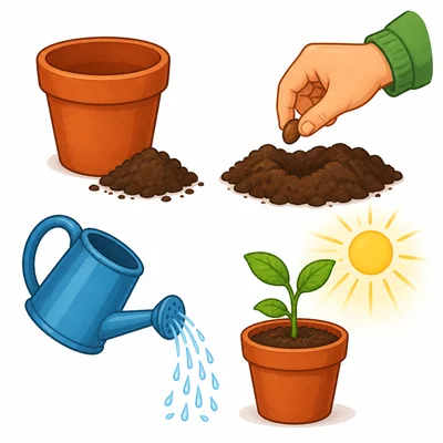 Picture cards showing soil, planting a seed, watering, and placing a pot in sunlight.