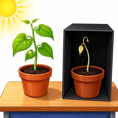 Two bean plants get water, but only one gets sunlight.