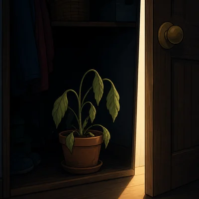 A drooping potted plant sitting in a dark closet.