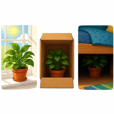 Three possible places for a plant: sunny windowsill, closed box, and under a bed.