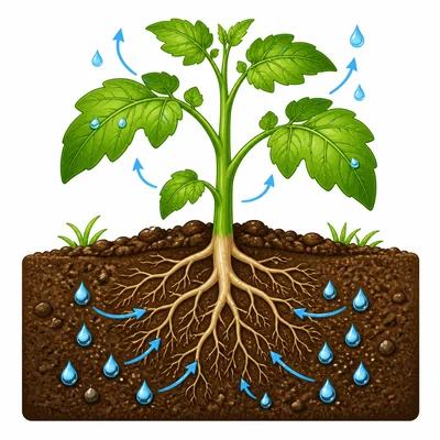 Plant roots in soil taking in water droplets.