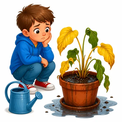 An overwatered plant with soggy soil and yellow leaves.