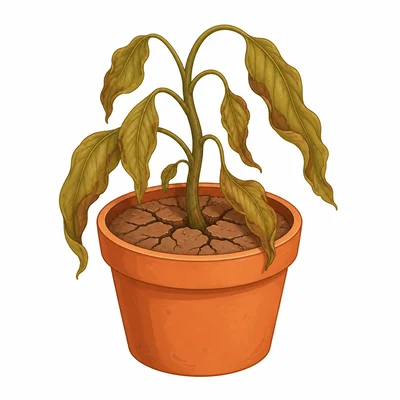 A drooping plant in dry, cracked soil.