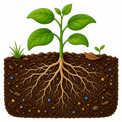 Plant roots anchored in rich soil with nutrients.