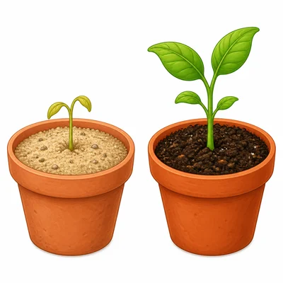 A weak sprout in sand beside a healthier sprout in rich soil.