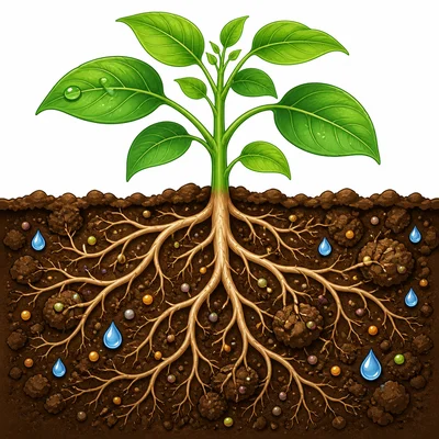 Healthy plant roots spreading through soil and taking in water.