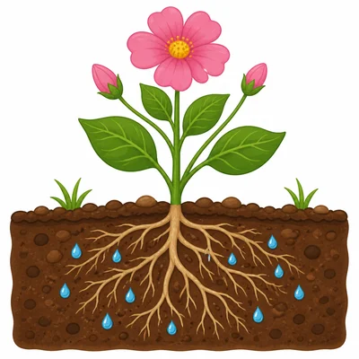 A plant with roots underground reaching toward water in the soil.